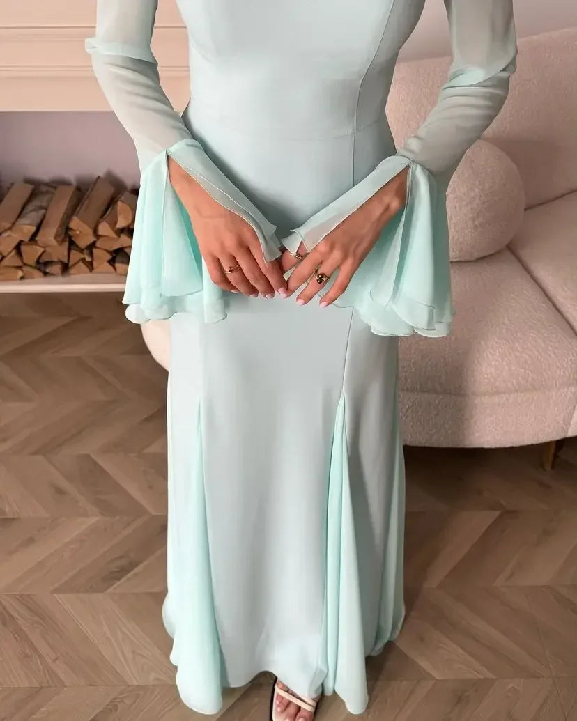 Weitese Dress Evening Dresses Mermaid Long Sleeves Prom Gowns Square Pleated Chiffon Floor Length Party Dress
